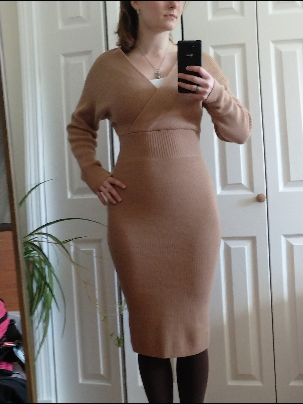 Express Camel Ribbed Wrap-Style Midi Dress - Picture 2 of 4